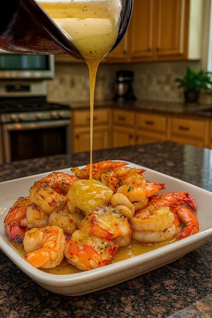 Sautéed shrimp in a bowl with butter sauce being poured over