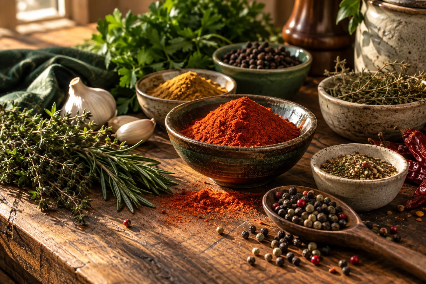 Paprika, thyme, rosemary, garlic and peppercorns in ceramic bowls on a wooden table